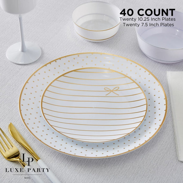Luxe Party NYC White and Gold Plastic Bow and Dot Dinner and Salad Plates | 40 Pack