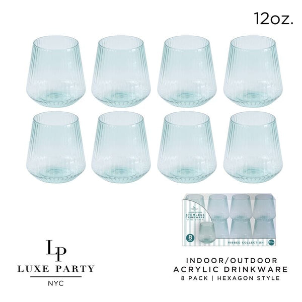 Luxe Party NYC Wine Cups Upscale RIBBED Blue 12 Oz. Plastic Wine Goblets | 8 Cups