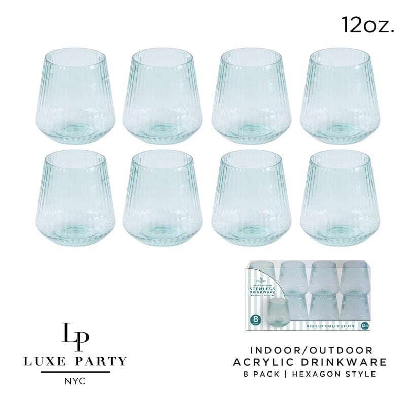 Luxe Party NYC Wine Cups Upscale RIBBED Blue 12 Oz. Plastic Wine Goblets | 8 Cups