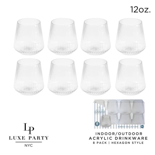Luxe Party NYC Wine Cups Upscale RIBBED Clear 12 Oz. Plastic Wine Goblets | 8 Cups