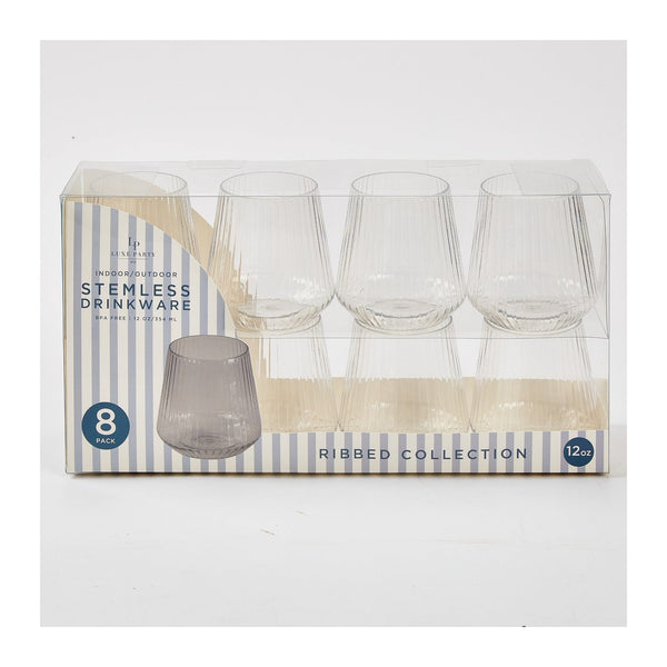 Luxe Party NYC Wine Cups Upscale RIBBED Clear 12 Oz. Plastic Wine Goblets | 8 Cups