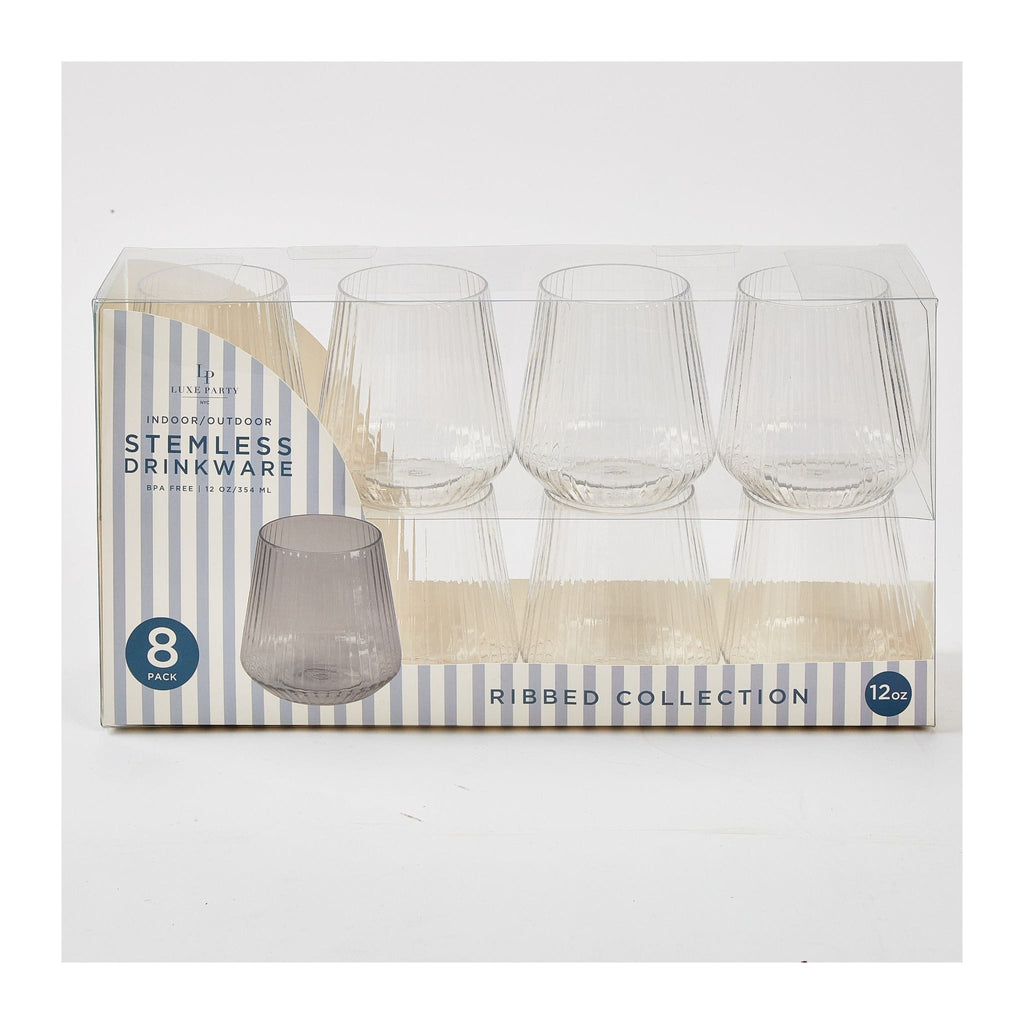 Luxe Party NYC Wine Cups Upscale RIBBED Clear 12 Oz. Plastic Wine Goblets | 8 Cups