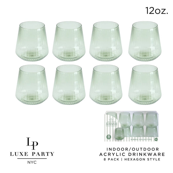 Luxe Party NYC Wine Cups Upscale RIBBED Mint Green 12 Oz. Plastic Wine Goblets | 8 Cups