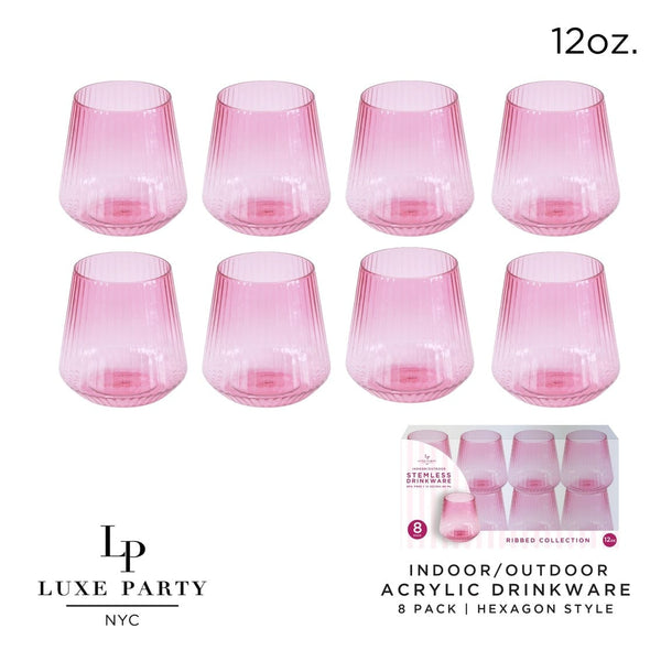 Luxe Party NYC Wine Cups Upscale RIBBED Pink 12 Oz. Plastic Wine Goblets | 8 Cups