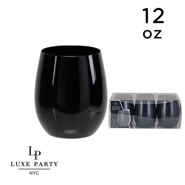 Luxe Party NYC Wine Cups Upscale Round Black 12 Oz. Plastic Wine Goblets | 6 Cups