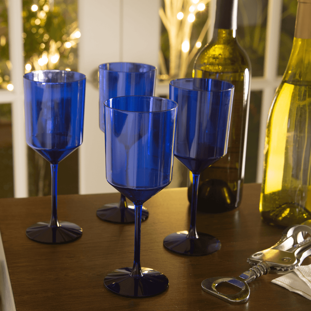 Luxe Party NYC Wine Cups Upscale Round Transparent Blue Plastic Wine Cups | 4 Cups