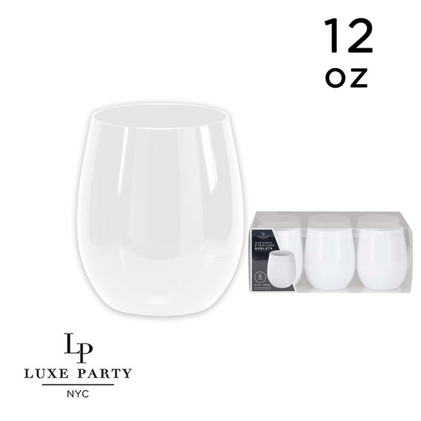 Luxe Party NYC Wine Cups Upscale Round White 12 Oz. Plastic Wine Goblets | 6 Cups