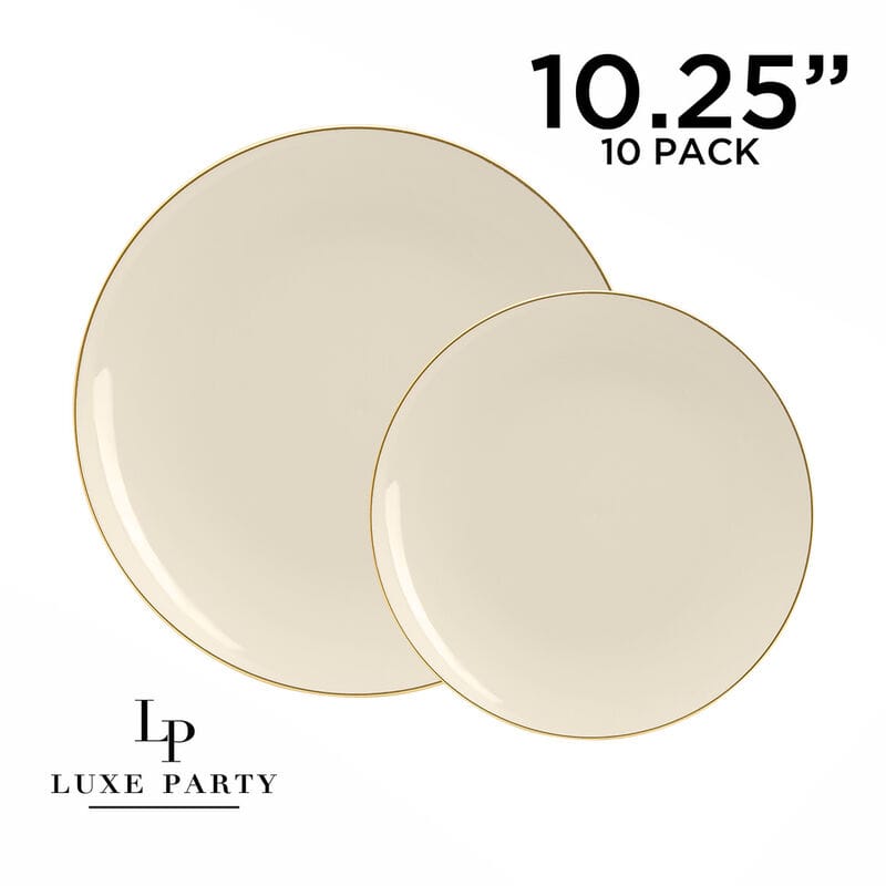 Luxe Party Plastic Plates 10.25" Dinner Plates Round Creme Off White and Gold Plastic Plates | 10 Pack