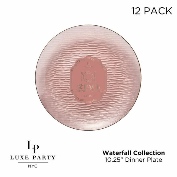 Luxe Party Plastic Plates 10.25" Waterfall Transparent Rose and Gold Dinner Plastic Plates | 12 Plates