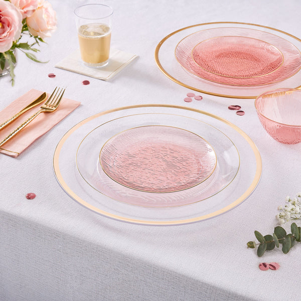 Luxe Party Plastic Plates 10.25" Waterfall Transparent Rose and Gold Dinner Plastic Plates | 12 Plates