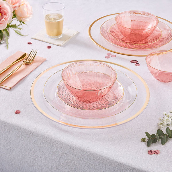 Luxe Party Plastic Plates 10.25" Waterfall Transparent Rose and Gold Dinner Plastic Plates | 12 Plates