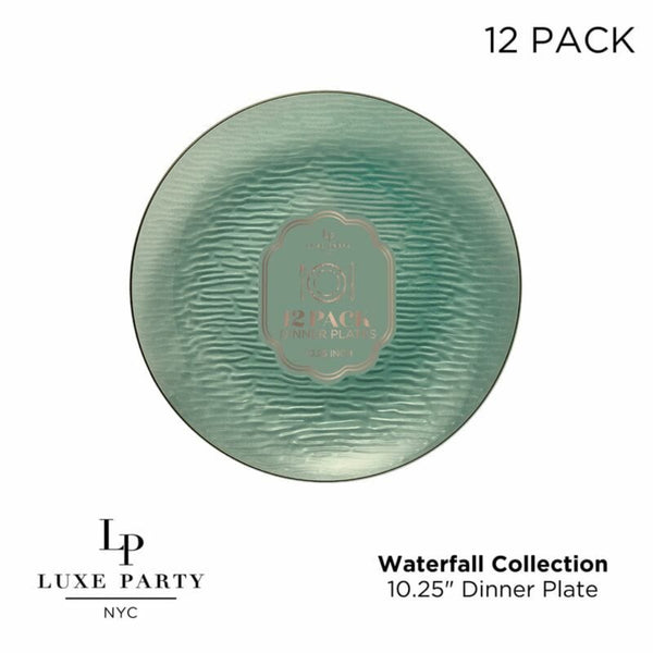 Luxe Party Plastic Plates 10.25" Waterfall Transparent Sage and Gold Dinner Plastic Plates | 12 Plates