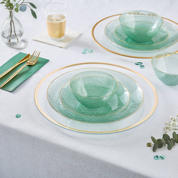 Luxe Party Plastic Plates 10.25" Waterfall Transparent Sage and Gold Dinner Plastic Plates | 12 Plates