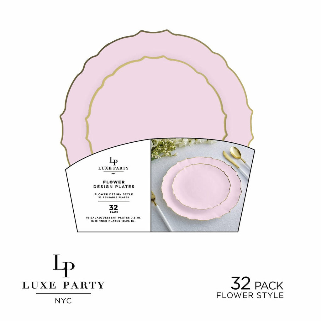 Luxe Party Plastic Plates 16 Dinner and 16 Salad Plates Blush Frosted Plate and Gold Plastic Plates Set | 32 Pack