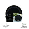 Luxe Party Plastic Plates 16 Dinner and 16 Salad Plates Round Walled Black and Gold Plastic Plates Set | 32 Pack