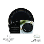 Luxe Party Plastic Plates 16 Dinner and 16 Salad Plates Round Walled Black and Gold Plastic Plates Set | 32 Pack