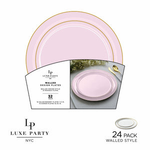 Luxe Party Plastic Plates 16 Dinner and 16 Salad Plates Round Walled New Blush and Gold Plastic Plates Set | 32 Pack