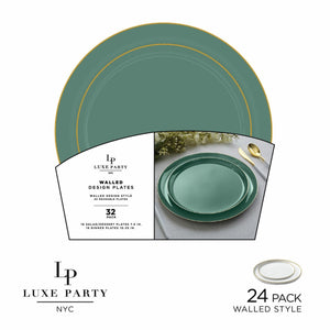 Luxe Party Plastic Plates 16 Dinner and 16 Salad Plates Round Walled Sage and Gold Plastic Plates Set | 32 Pack