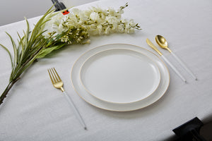 Luxe Party Plastic Plates 16 Dinner and 16 Salad Plates Round Walled White and Gold Plastic Plates Set | 32 Pack