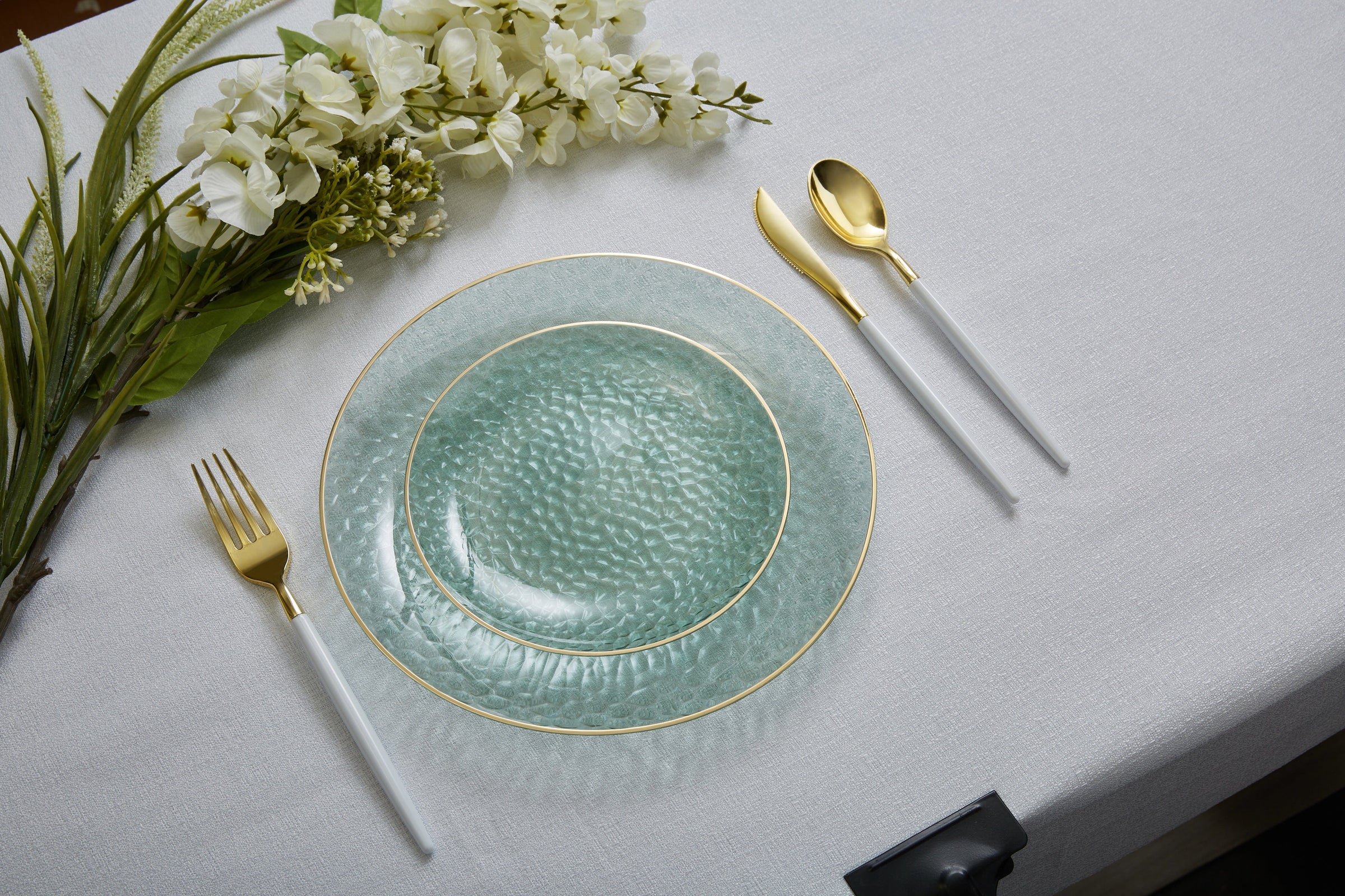 Round Sage Green Pebble Plate and Gold Plastic Plates Set- Luxe