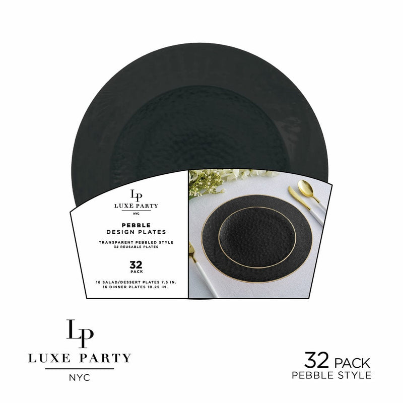 Luxe Party Plastic Plates 16 Dinner and 16 Salad Plates Solid Black Pebble Plate and Gold Plastic Plates Set | 32 Pack