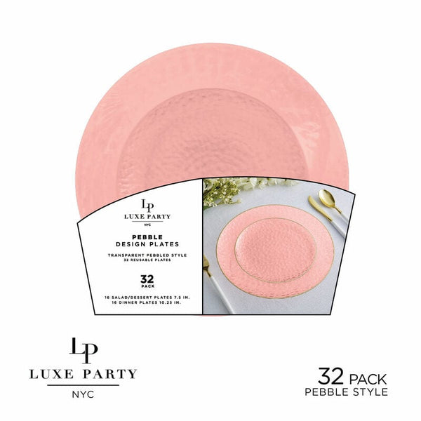 Luxe Party Plastic Plates 16 Dinner and 16 Salad Plates Solid Coral Pebble Plate and Gold Plastic Plates Set | 32 Pack