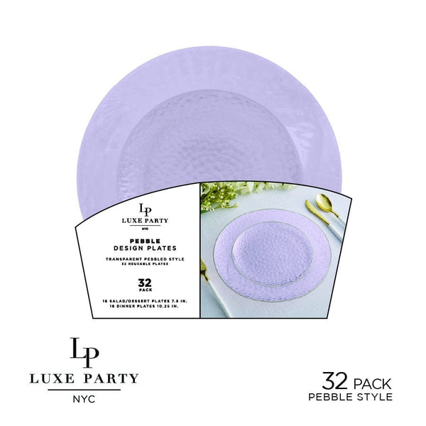 Luxe Party Plastic Plates 16 Dinner and 16 Salad Plates Solid Lavender Pebble Plate and Gold Plastic Plates Set | 32 Pack