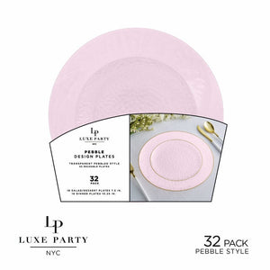 Luxe Party Plastic Plates 16 Dinner and 16 Salad Plates Solid New Blush Pebble Plate and Gold Plastic Plates Set | 32 Pack