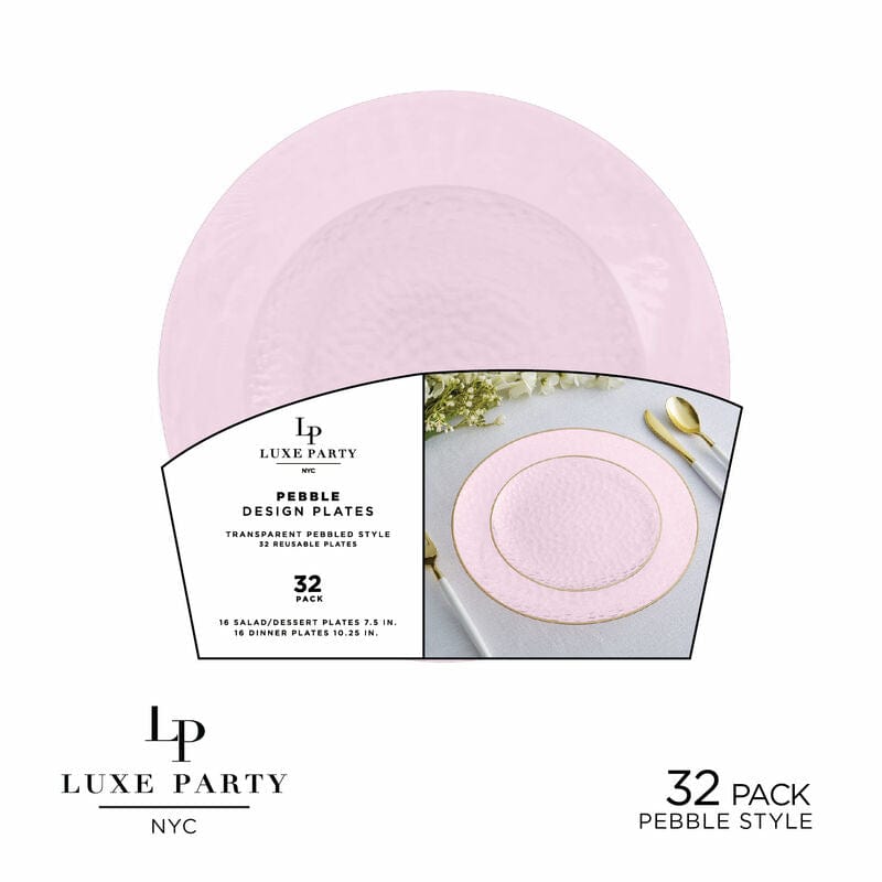 Luxe Party Plastic Plates 16 Dinner and 16 Salad Plates Solid New Blush Pebble Plate and Gold Plastic Plates Set | 32 Pack