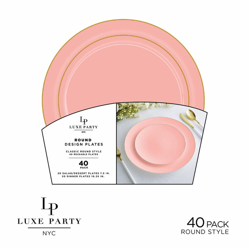 Luxe Party Plastic Plates 20 Dinner and 20 Salad Plates Round New Coral and Gold Plastic Plates Set | 40 Pack