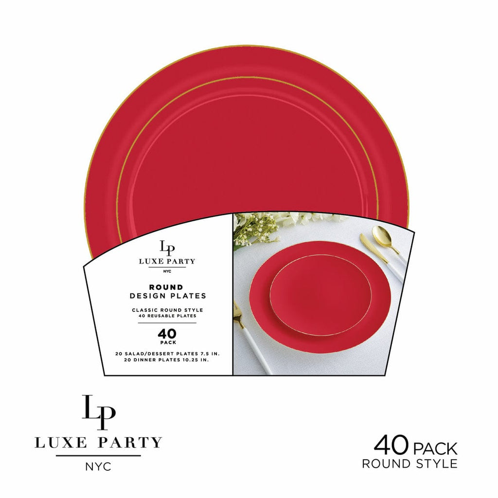 Luxe Party Plastic Plates 20 Dinner and 20 Salad Plates Round Red and Gold Plastic Plates Set | 40 Pack