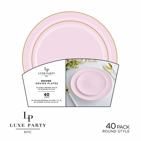 Luxe Party Plastic Plates 20 Dinner and 20 Salad Plates Round Soft Blush and Gold Plastic Plates Set | 40 Pack