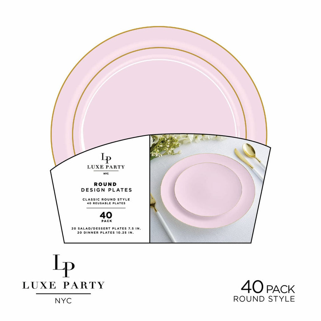 Luxe Party Plastic Plates 20 Dinner and 20 Salad Plates Round Soft Blush and Gold Plastic Plates Set | 40 Pack