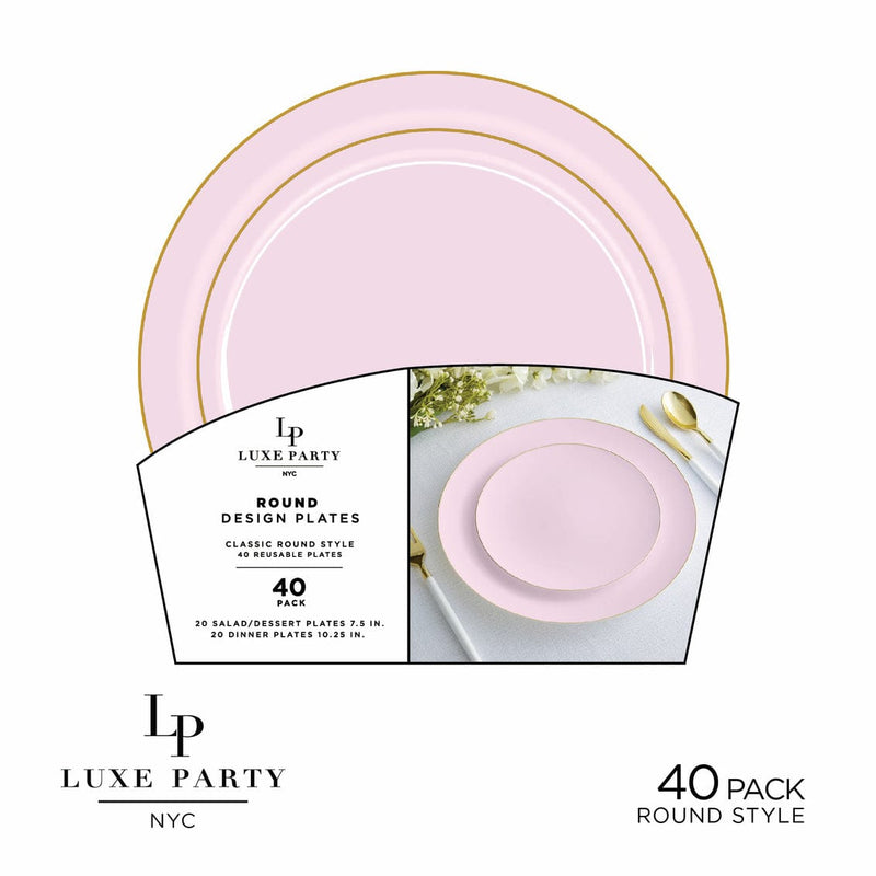 Luxe Party Plastic Plates 20 Dinner and 20 Salad Plates Round Soft Blush and Gold Plastic Plates Set | 40 Pack