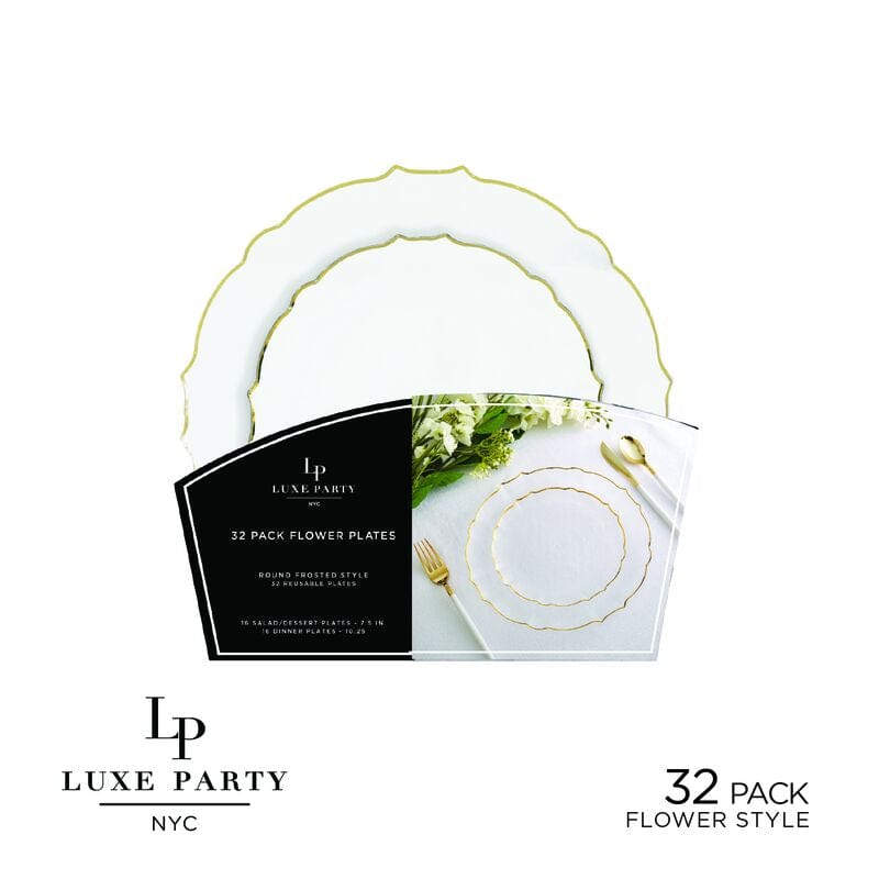 Luxe Party Plastic Plates 20 Dinner and 20 Salad Plates White Frosted Plate and Gold Plastic Plates Set | 32 Pack