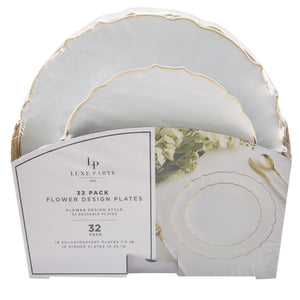 Luxe Party Plastic Plates 20 Dinner and 20 Salad Plates White Frosted Plate and Gold Plastic Plates Set | 32 Pack