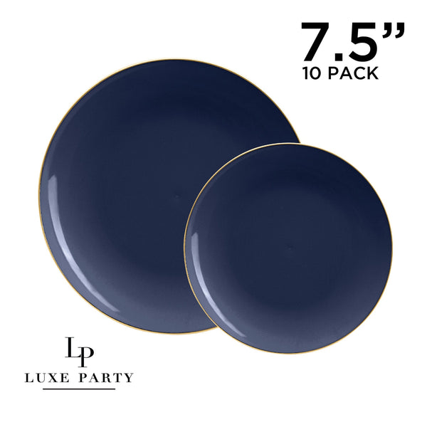 Luxe Party Plastic Plates 7.25" Appetizer Plates / Navy Round Truffle and Gold Plastic Plates | 10 Pack