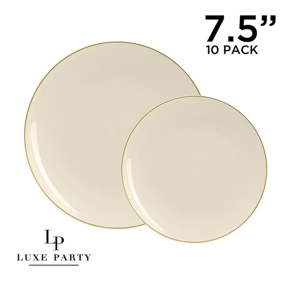 Luxe Party Plastic Plates 7.25" Appetizer Plates Round Creme Off White and Gold Plastic Plates | 10 Pack