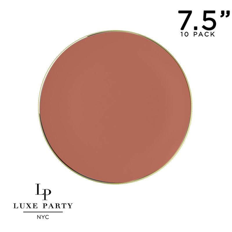 Luxe Party Plastic Plates 7.25" Appetizer Plates Round Rosewood • Gold Plastic Plates | 10 Pack