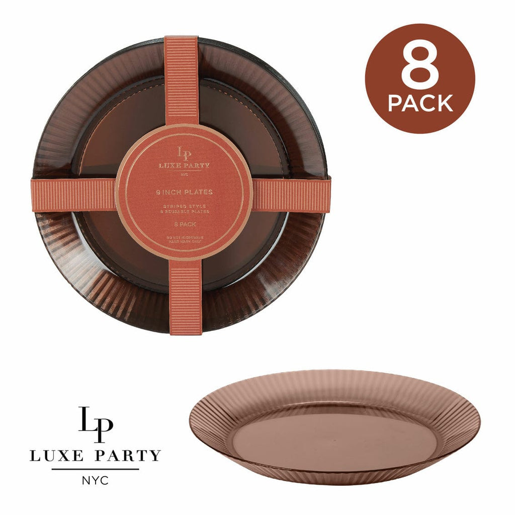 Luxe Party Plastic Plates 9" Round 9 in Ribbed Heavy Plastic Brown Plates | 8 Pack