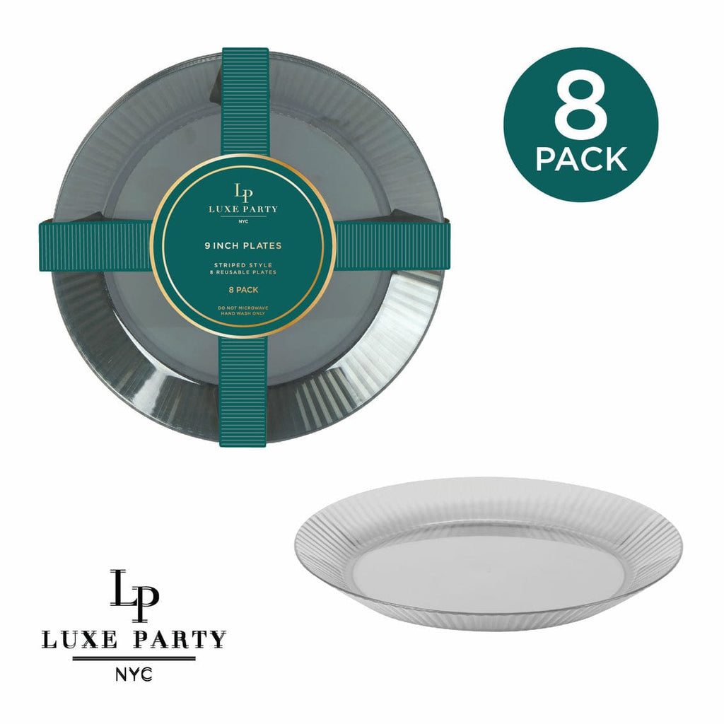 Luxe Party Plastic Plates 9" Round 9 in Ribbed Heavy Plastic Clear Plates | 8 Pack