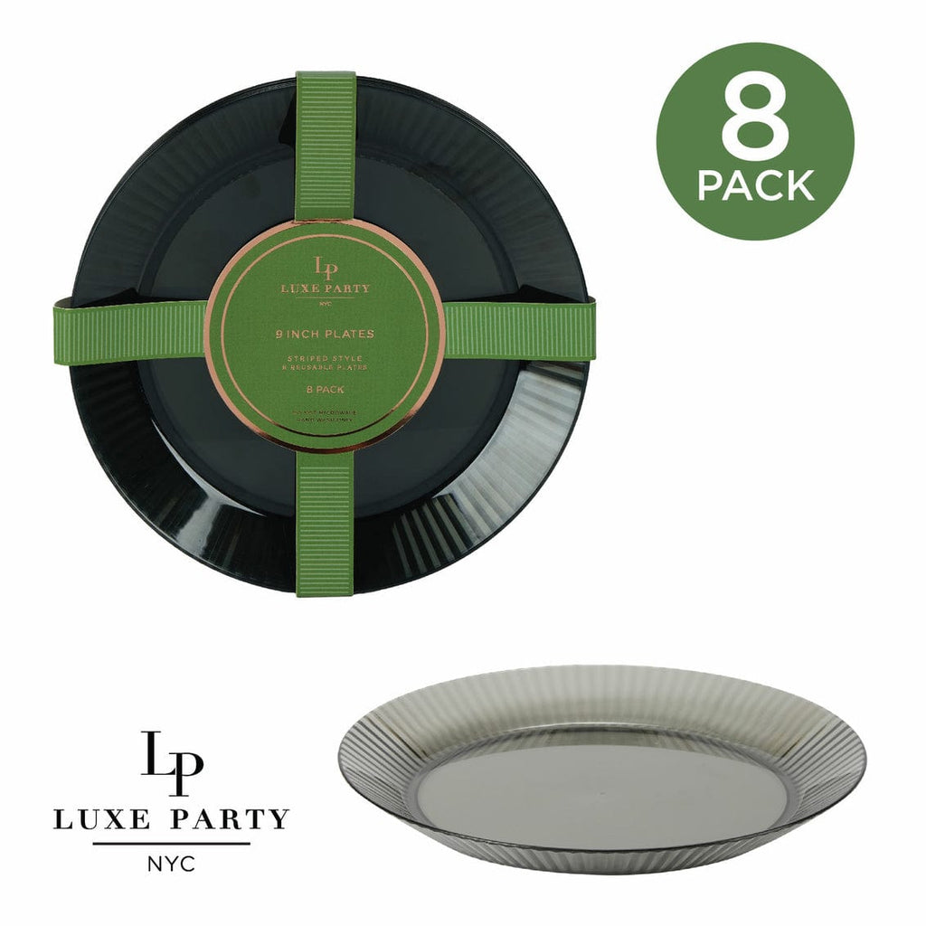 Luxe Party Plastic Plates 9" Round 9 in Ribbed Heavy Plastic Smoke Plates | 8 Pack