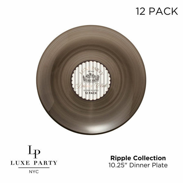 Luxe Party Plastic Plates Round 10.25" Ripple Transparent Brown Dinner Plastic Plates | 12 Plates