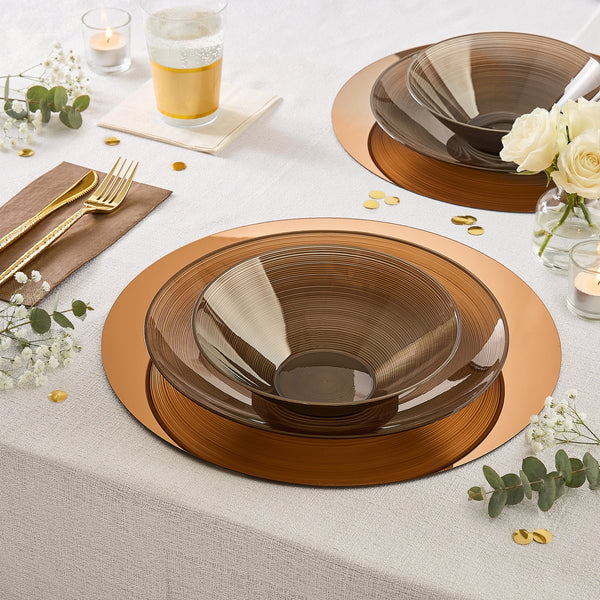 Luxe Party Plastic Plates Round 10.25" Ripple Transparent Brown Dinner Plastic Plates | 12 Plates