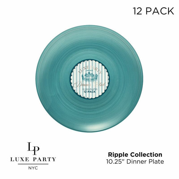 Luxe Party Plastic Plates Round 10.25" Ripple Transparent Ocean Teal Dinner Plastic Plates | 12 Plates