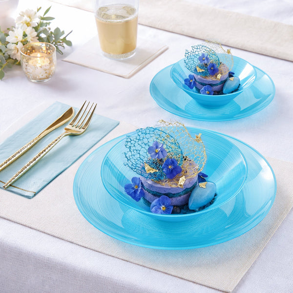 Luxe Party Plastic Plates Round 10.25" Ripple Transparent Ocean Teal Dinner Plastic Plates | 12 Plates