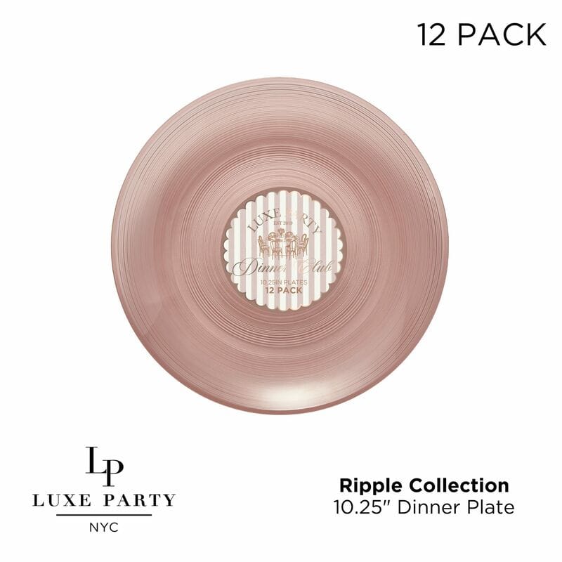 Luxe Party Plastic Plates Round 10.25" Ripple Transparent Rose Dinner Plastic Plates | 12 Plates