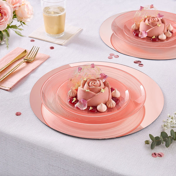 Luxe Party Plastic Plates Round 10.25" Ripple Transparent Rose Dinner Plastic Plates | 12 Plates