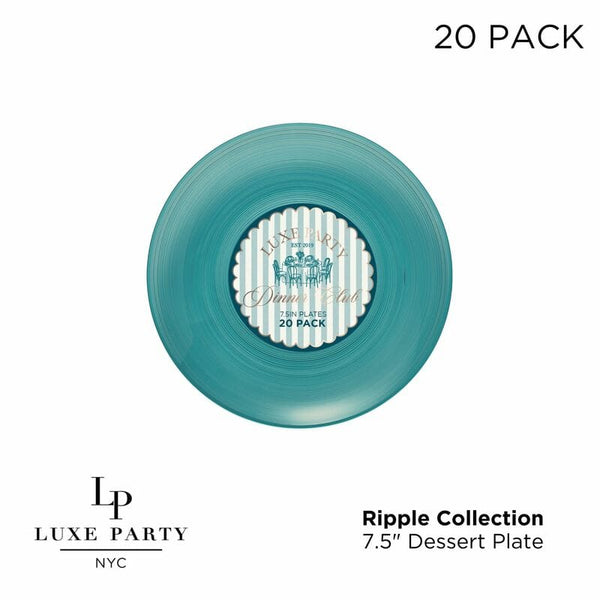 Luxe Party Plastic Plates Round 7.5" Ripple Transparent Teal Appetizer Plastic Plates | 20 Plates