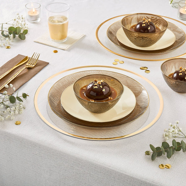 Luxe Party Plastic Plates Round Creme Off White and Gold Plastic Plates | 10 Pack